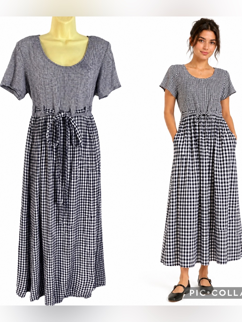 Vintage 90s Navy Gingham Midi Dress Cottagecore Prairie Tie Waist Blue White L